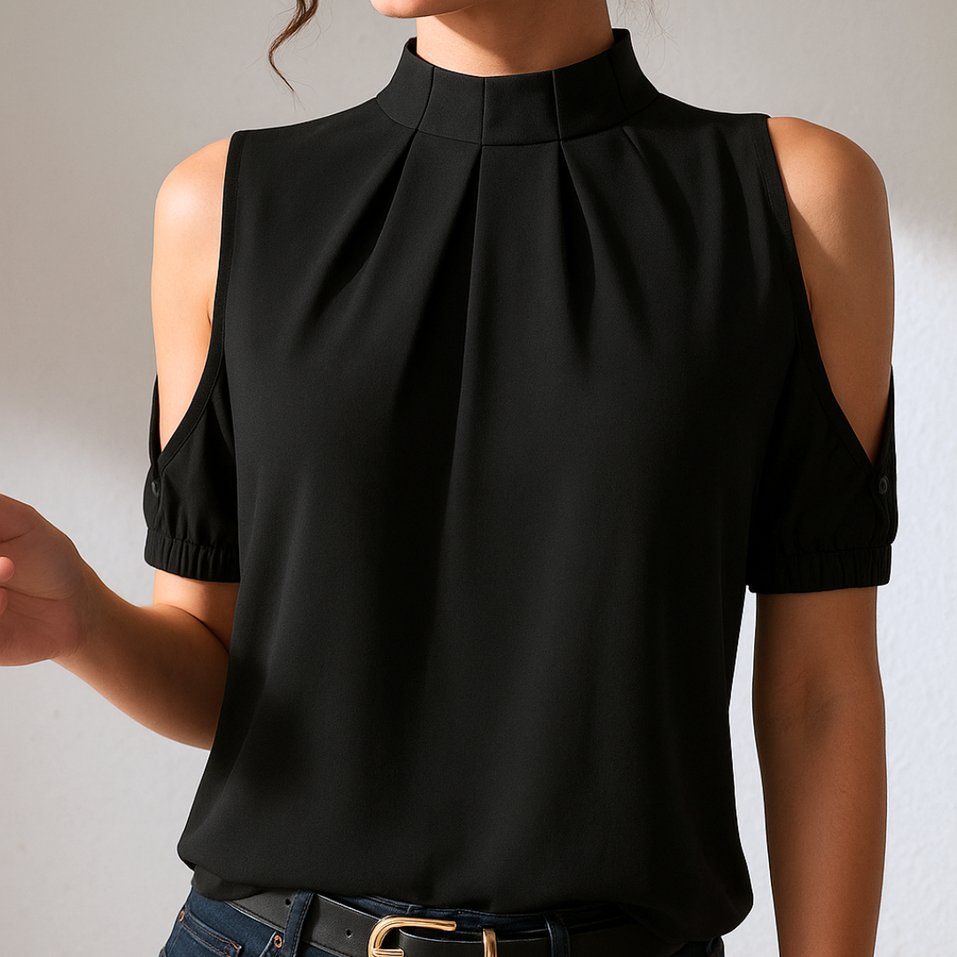 Olivia™ | Black Pleated Blouse with Split Sleeves